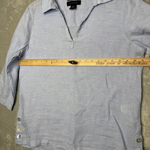 Tahari Top Womens Medium Blue 100% Linen V Neck 3/4 Sleeve Boxy Relaxed Buttons - Picture 8 of 12